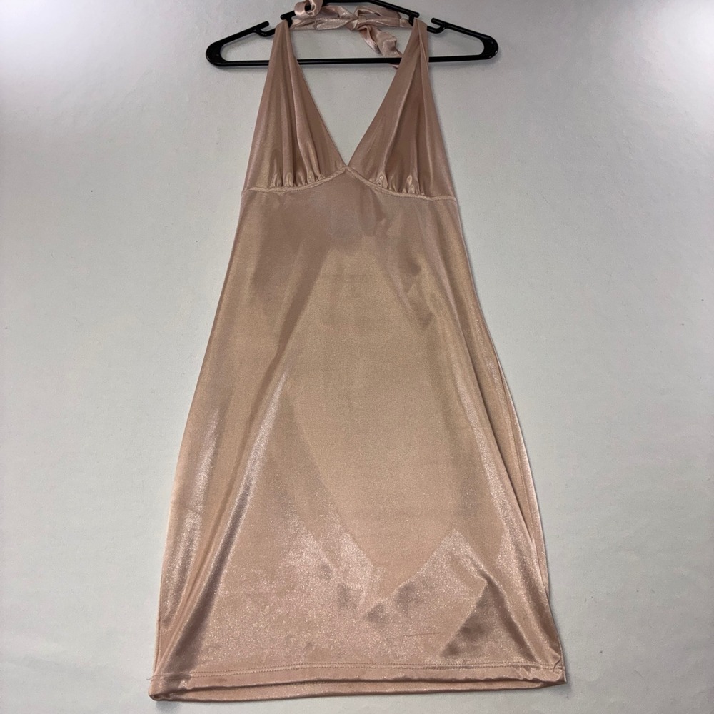617 Y2K Just Polly Halter Mini Dress M Rose Gold Shimmer Cowl Back